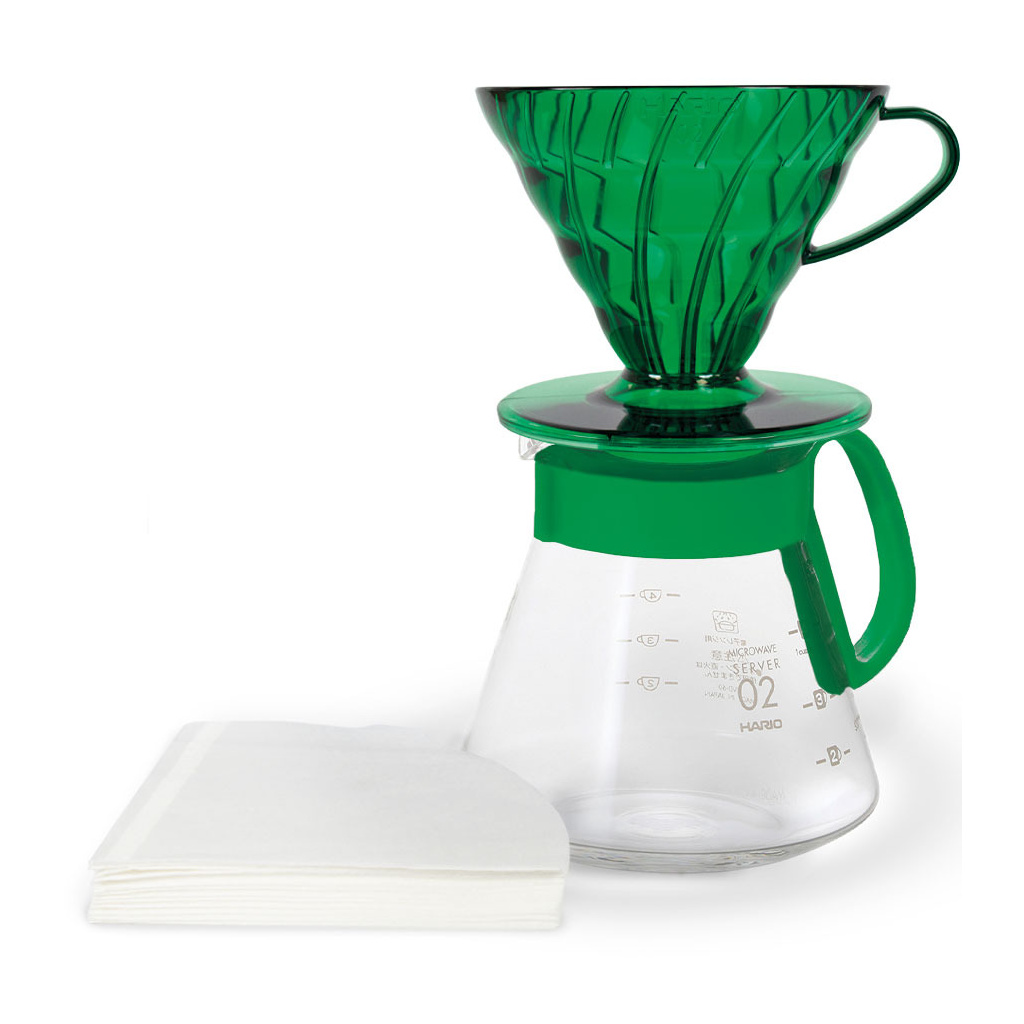 Sada driper a karafa Hario V60 02 v odstínu Bamboo Green, celkový pohled Sada driper a karafa Hario V60 02 v odstínu Bamboo Green, celkový pohled