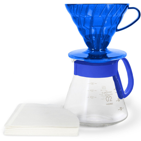 Sada driper a karafa Hario V60 02 v odstínu Ocean Blue, celkový pohled