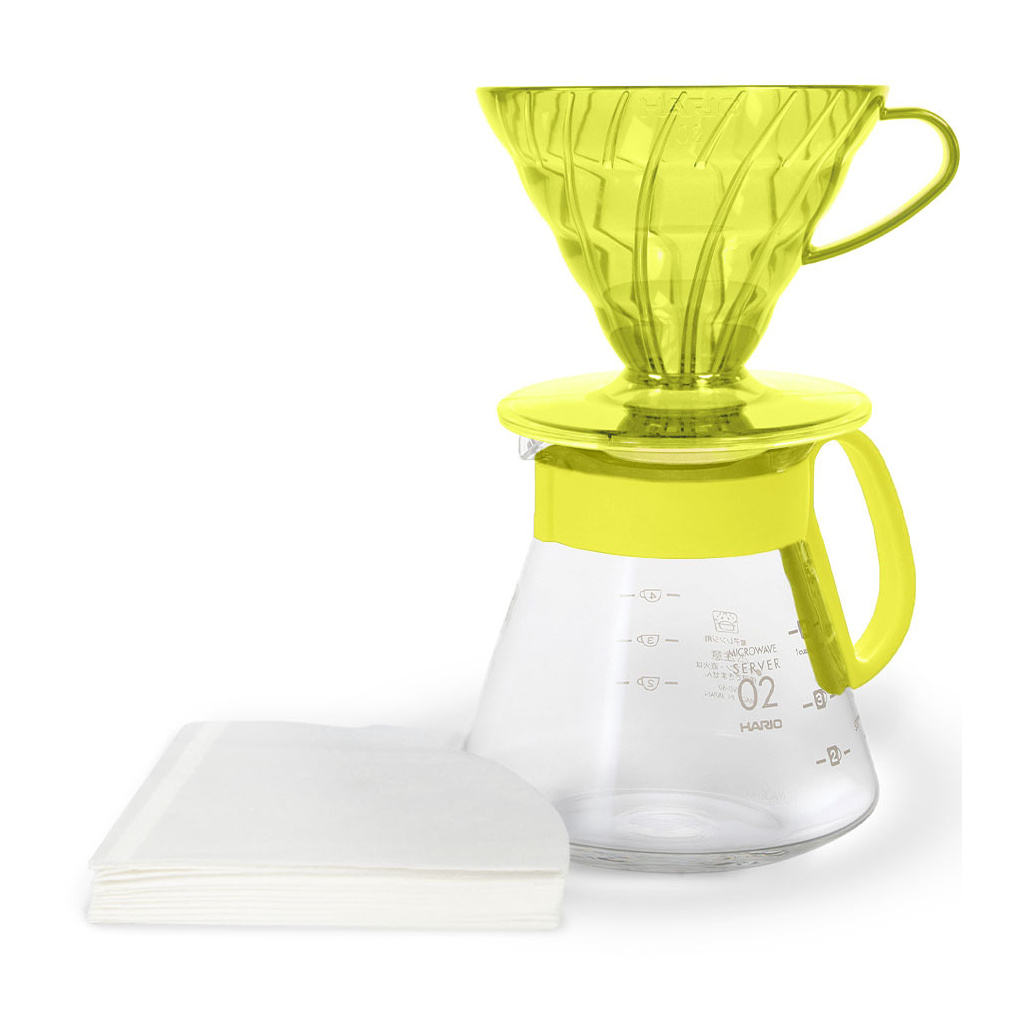 Sada driper a karafa Hario V60 02 v odstínu Sunflower Yellow, celkový pohled