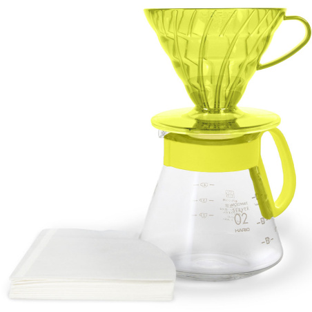 Sada driper a karafa Hario V60 02 v odstínu Sunflower Yellow, celkový pohled