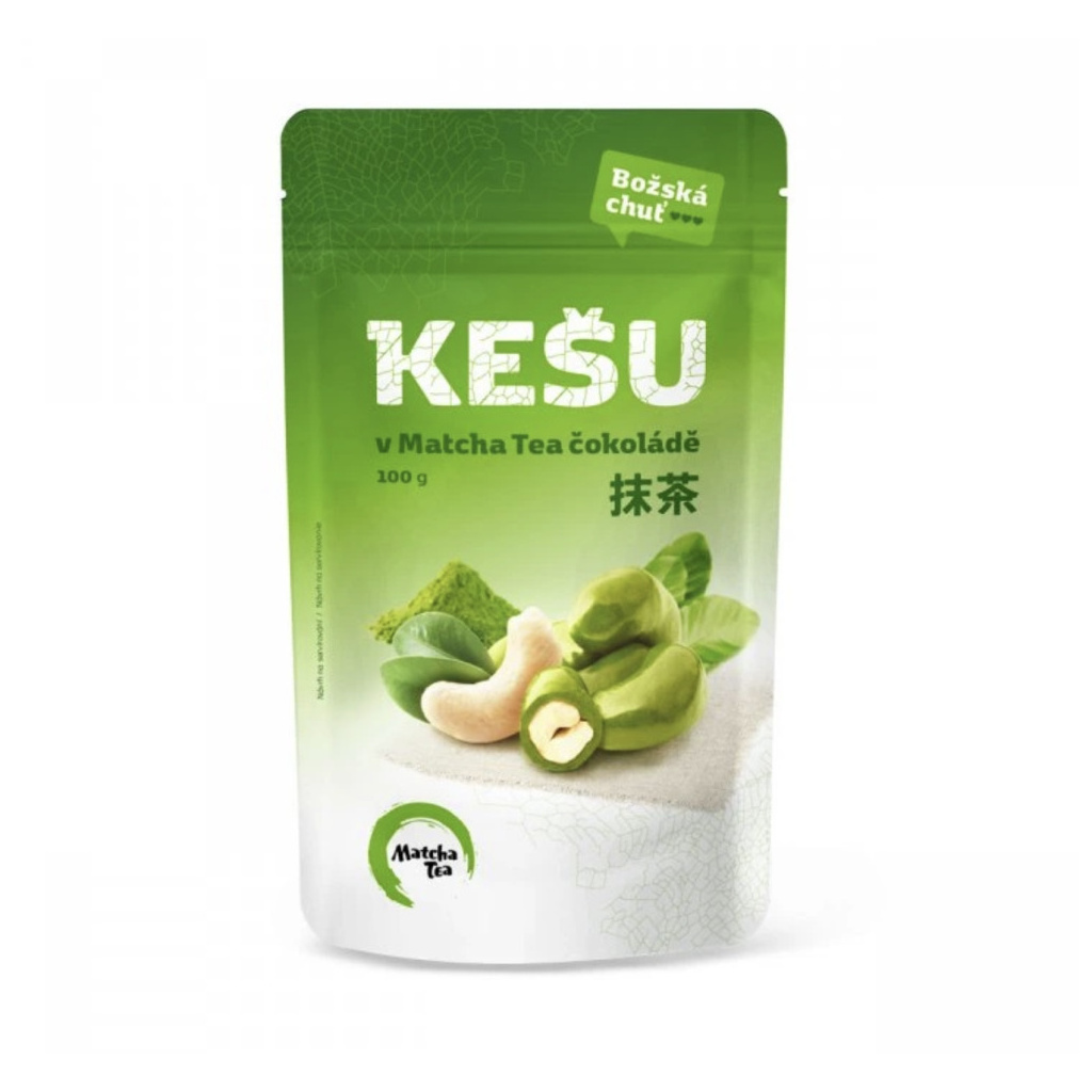 Kešu oříšky v bílé čokoládě ochucené čajem Matcha Tea