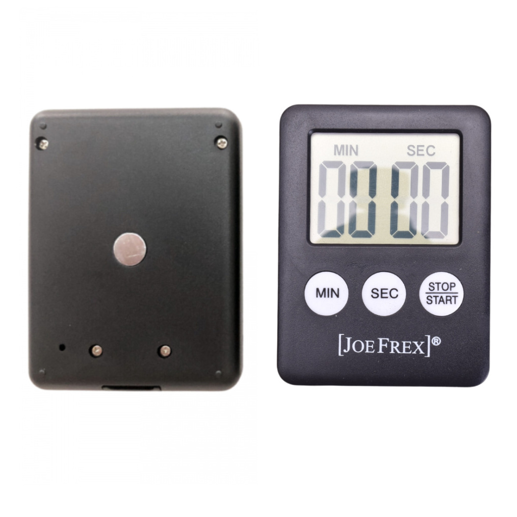 Digitální časovač JoeFrex s magnetem a LCD displejem, zepředu Digitální časovač JoeFrex s magnetem a LCD displejem, zepředu