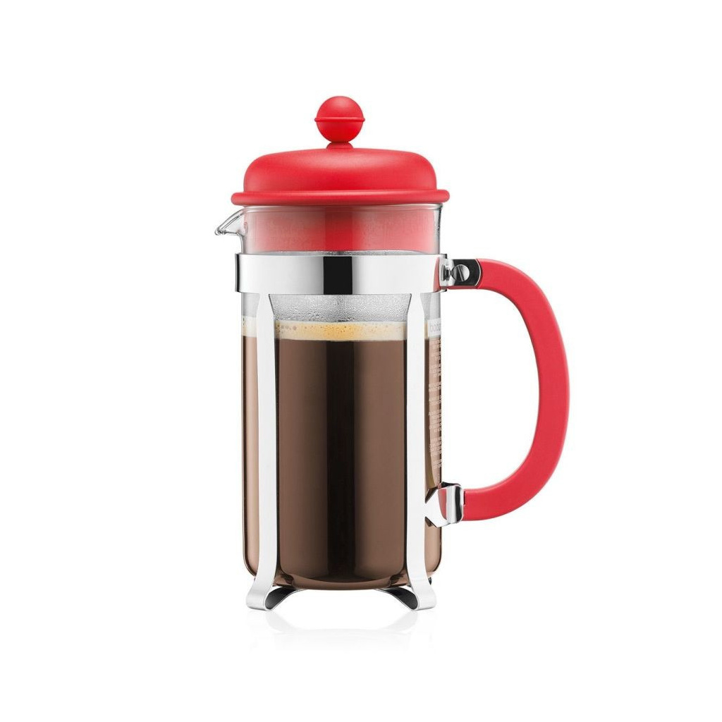 Červený french press Bodum Caffettiera s objemem 1 000 ml, celkový pohled