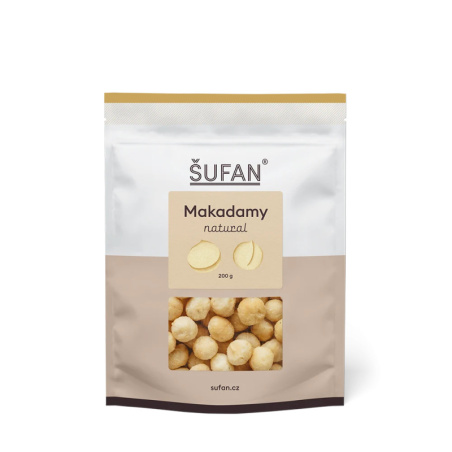 Makadamové ořechy natural ŠUFAN, pohled na přední stranu obalu