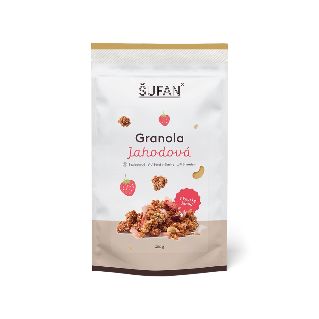 Jahodová granola ŠUFAN, obal zepředu s popisem produktu