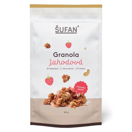 Jahodová granola ŠUFAN, obal zepředu s popisem produktu