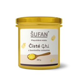 Čisté ghí ŠUFAN ve sklenici, pohled na přední stranu obalu