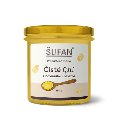 Čisté ghí ŠUFAN ve sklenici, pohled na přední stranu obalu