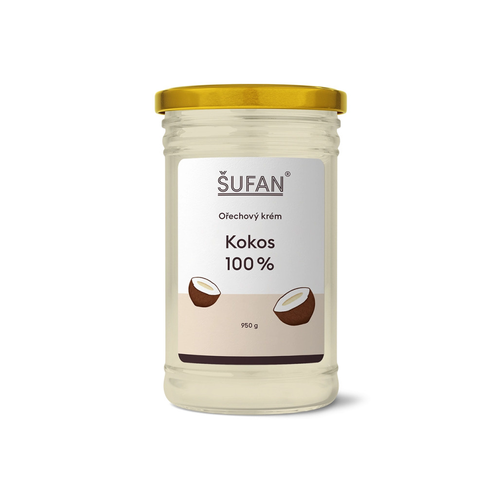 Kokosové máslo ŠUFAN ve sklenici, kompletní obal i s etiketou