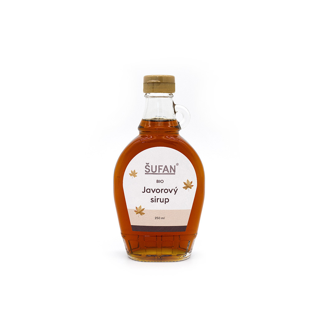 BIO javorový sirup ŠUFAN, pohled na přední stranu obalu