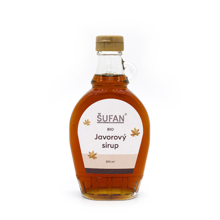 BIO javorový sirup ŠUFAN, pohled na přední stranu obalu