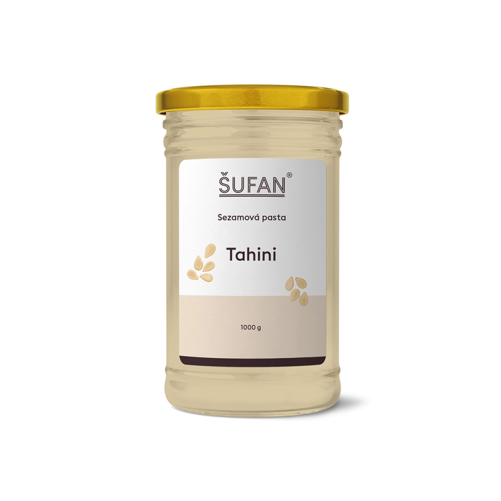 Tahini pasta ŠUFAN ve sklenici, kompletní obal i s etiketou