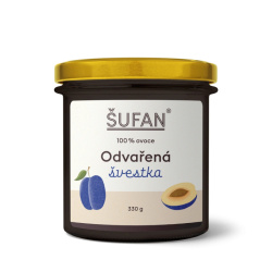 Odvařená švestka ŠUFAN ve sklenici, obal zepředu s popisem produktu Odvařená švestka ŠUFAN ve sklenici, obal zepředu s popisem produktu
