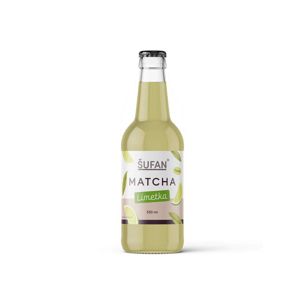 Limetková matcha limonáda ŠUFAN, obal zepředu s popisem produktu
