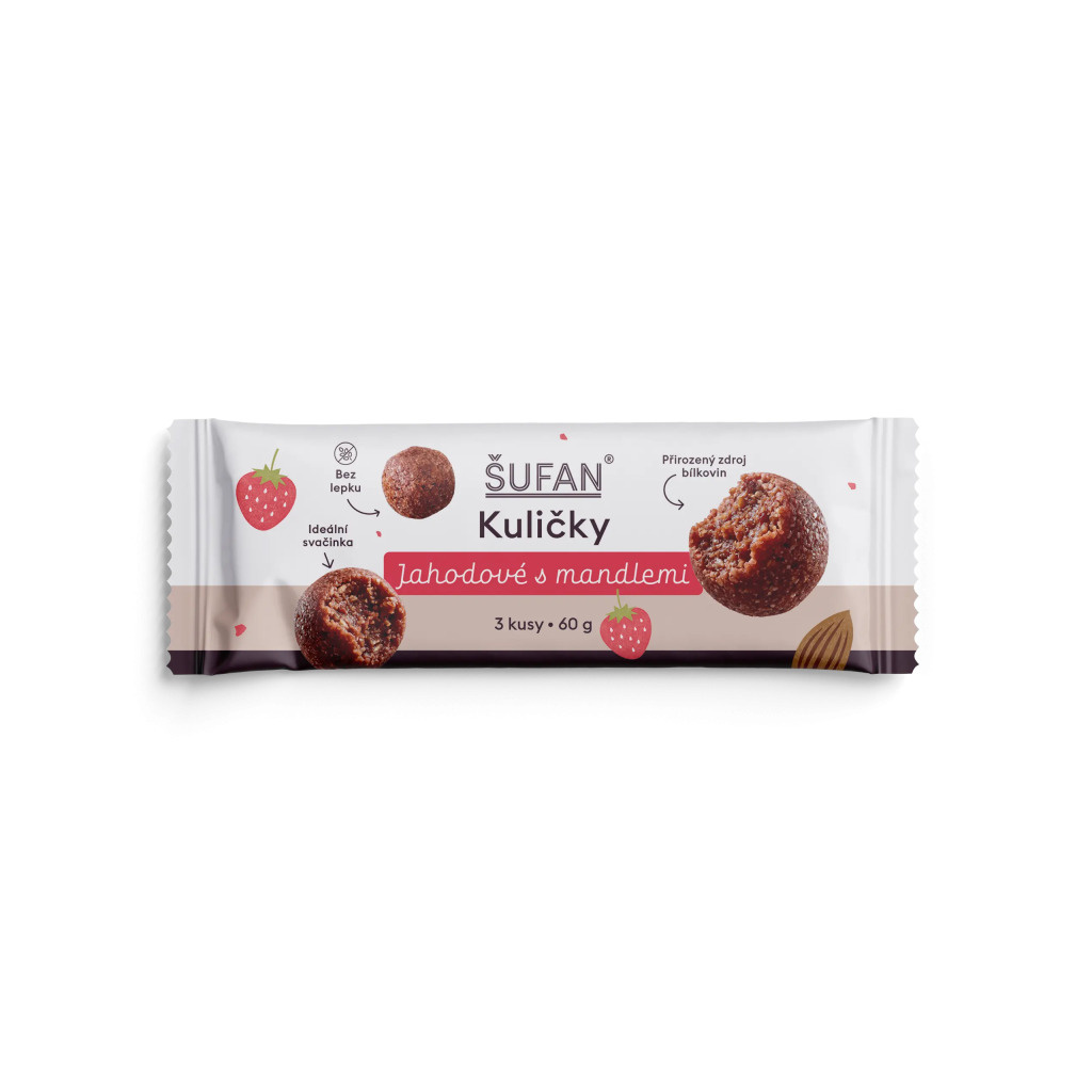 Jahodové ovocné kuličky ŠUFAN s mandlemi, celkový pohled na obal