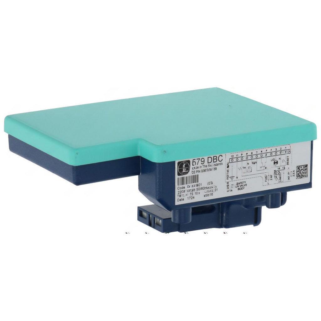 Box elektroniky se zeleným víkem, tmavě modrým spodkem, konektory a štítkem