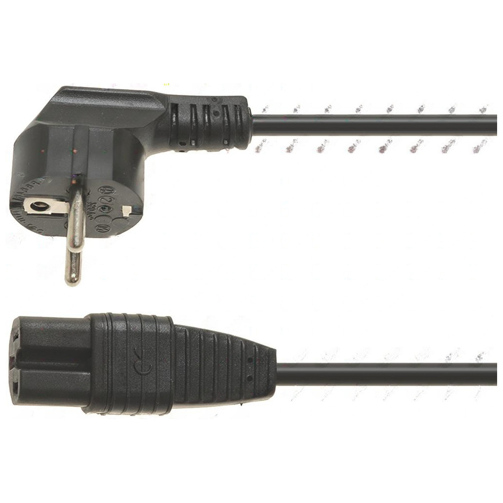 Černý kabel s zahnutou vidlicí na jednom konci a dvoukolíkovým úhlovým konektorem na druhém Černý kabel s zahnutou vidlicí na jednom konci a dvoukolíkovým úhlovým konektorem na druhém