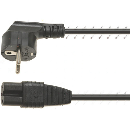 Černý kabel s zahnutou vidlicí na jednom konci a dvoukolíkovým úhlovým konektorem na druhém