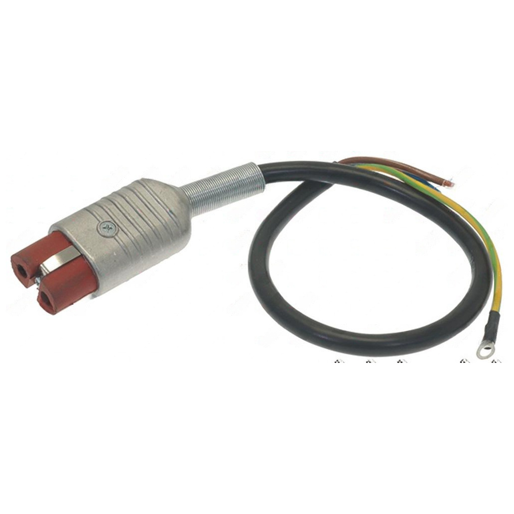 Kabel s kulatým kovovým konektorem a černým vodičem, na konci odizolované barevné žíly