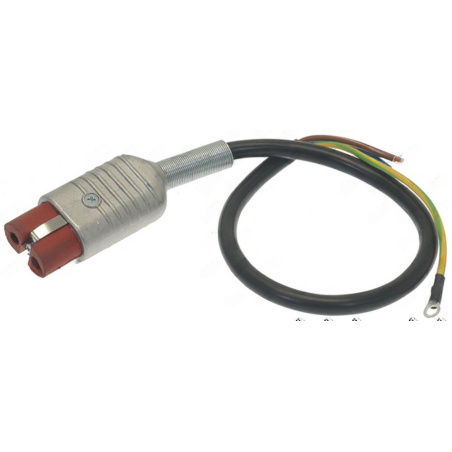 Kabel s kulatým kovovým konektorem a černým vodičem, na konci odizolované barevné žíly