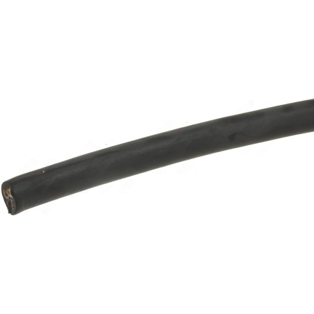 Tlustý černý pryžový kabel zkroucený do kruhu, uvnitř viditelné vodiče na konci