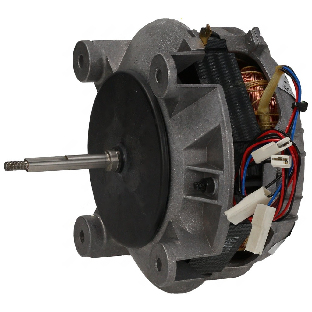 Šedý elektromotor s hřídelí, svorkovnicí a barevnými vodiči