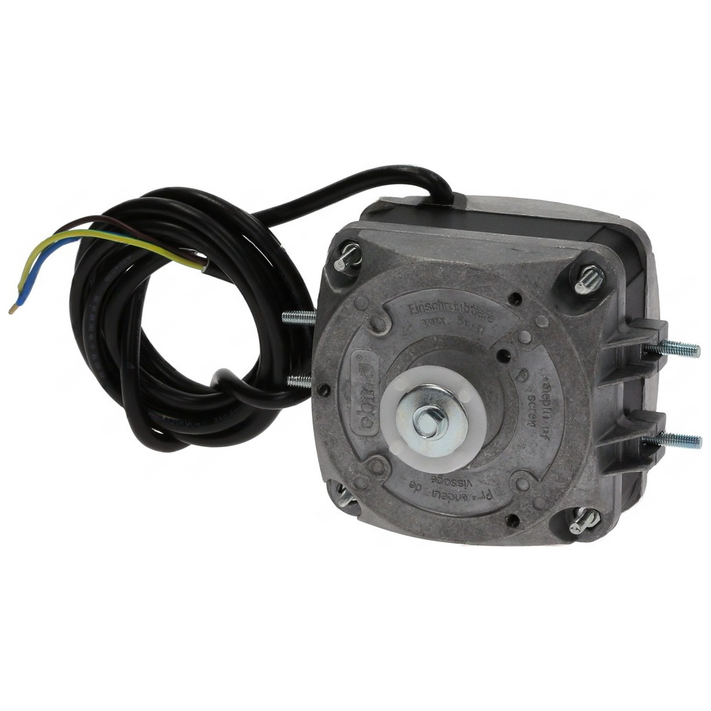 Šedý čtvercový motor ventilátoru s kovovou hřídelí a dvoužilovým kabelem