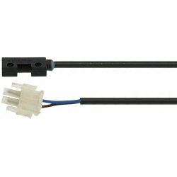 Černé plastové tělo magnetického mikrospínače, bílý konektor a kabel ve dvou úsecích Černé plastové tělo magnetického mikrospínače, bílý konektor a kabel ve dvou úsecích