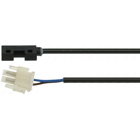 Černé plastové tělo magnetického mikrospínače, bílý konektor a kabel ve dvou úsecích