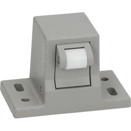 Šedý plastový úhlový díl s bílou kladkou, přídavný zámek 90x52 mm