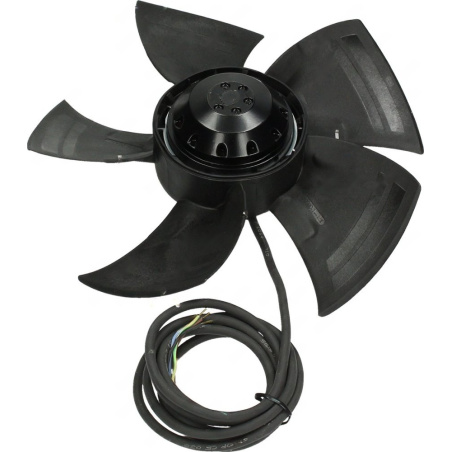 Šest zahnutých lopatek kolem kulatého motoru, axiální ventilátor bez rámu s vyvedeným kabelem