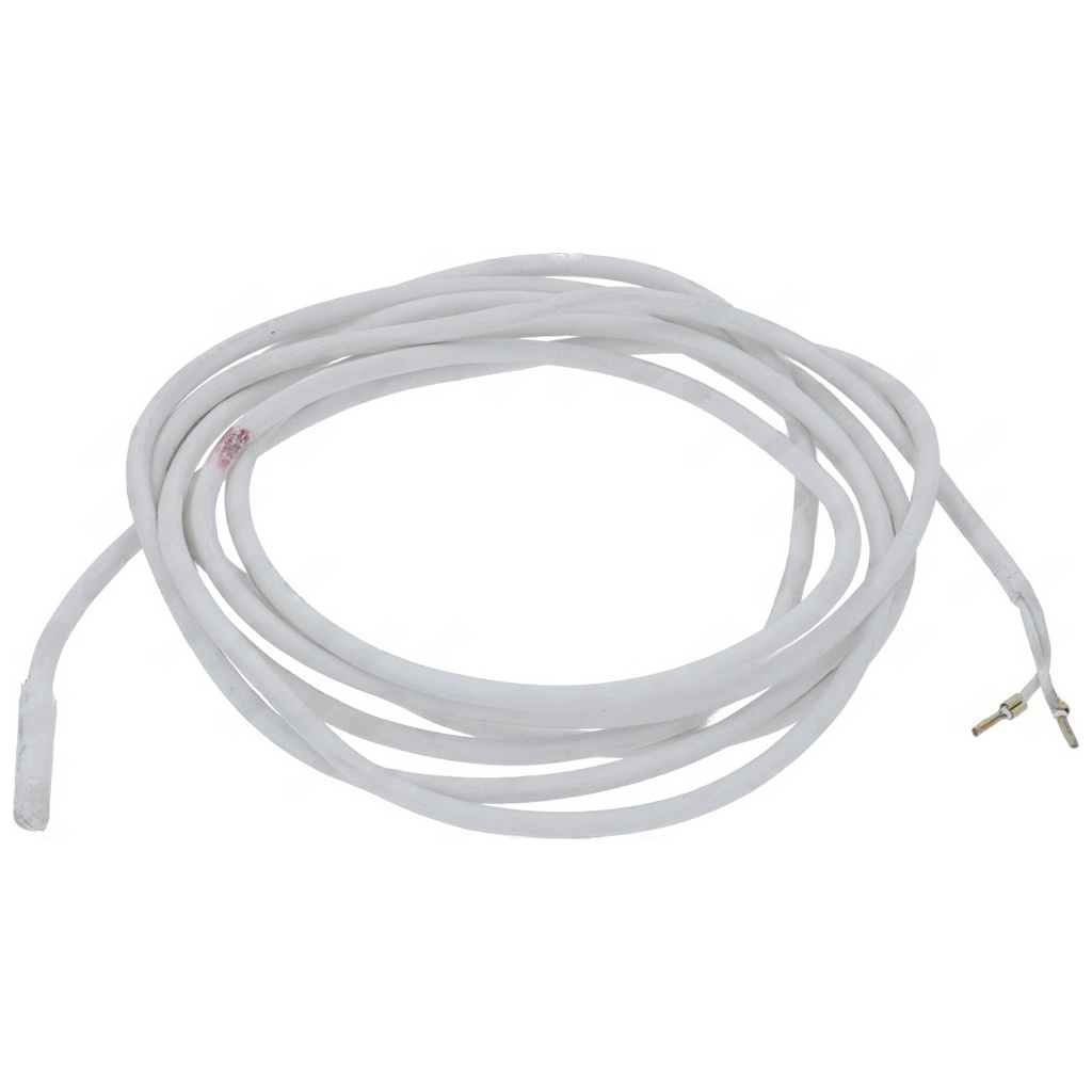 Bílý topný kabel v textilním opláštění, smotaný do kruhu, na konci kabelové oko