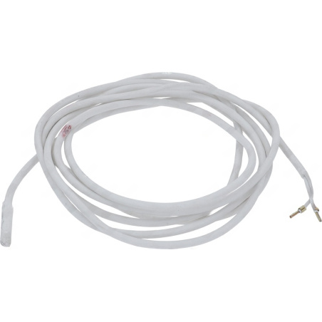 Bílý topný kabel v textilním opláštění, smotaný do kruhu, na konci kabelové oko