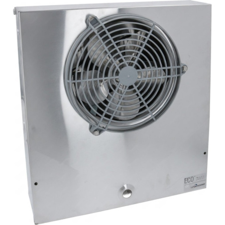 Nerezová chladicí jednotka s kruhovým ventilátorem a šedou mřížkou, na ní nápis ECO