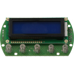 Zelený plošný spoj s modrým LCD displejem a řadou kovových pružinových kontaktů Zelený plošný spoj s modrým LCD displejem a řadou kovových pružinových kontaktů