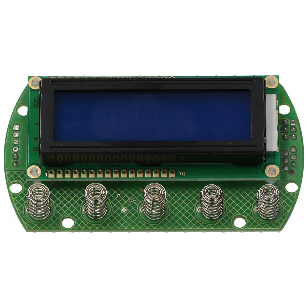 Zelený plošný spoj s modrým LCD displejem a řadou kovových pružinových kontaktů Zelený plošný spoj s modrým LCD displejem a řadou kovových pružinových kontaktů