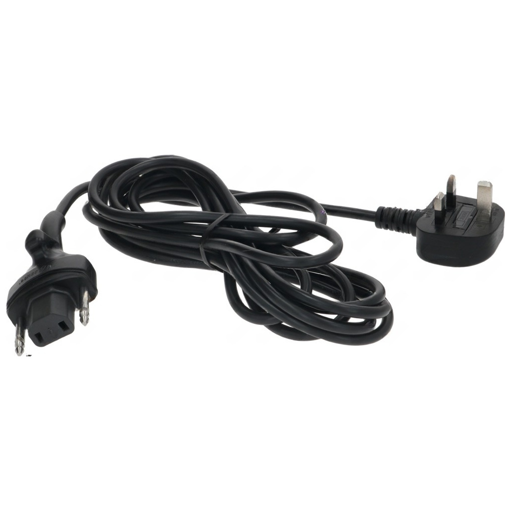Černý napájecí kabel s vidlicí o třech kolících na jednom konci a přístrojovým konektorem na druhém