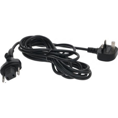 Černý napájecí kabel s vidlicí o třech kolících na jednom konci a přístrojovým konektorem na druhém