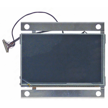 Modrý LCD panel v kovovém montážním rámu s plochým kabelem, deska displeje zepředu