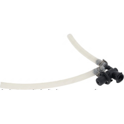 Odpadní Y-fitink: bílá žebrovaná hadice zahnutá do oblouku a černý rozbočovací konektor