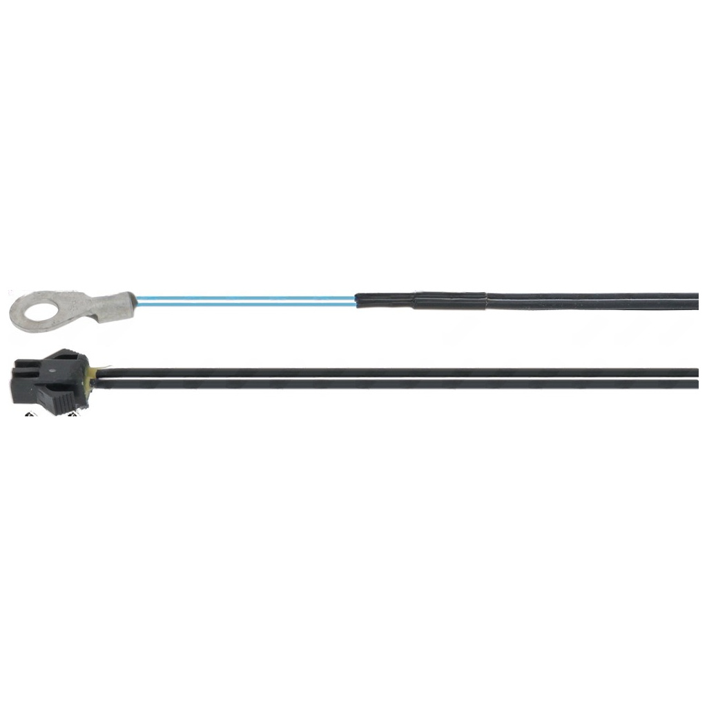 Kabel teplotní sondy zakončený na jednom konci kruhovým okem a na druhém černým konektorem