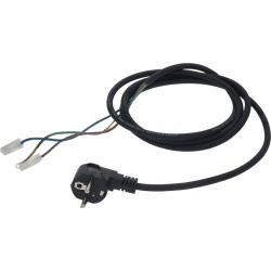 Černý napájecí kabel s vidlicí Schuko, na druhém konci dva bílé konektory