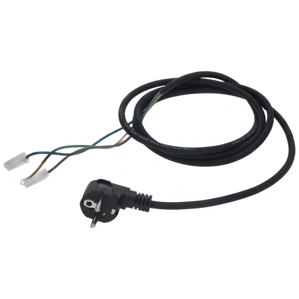Černý napájecí kabel s vidlicí Schuko, na druhém konci dva bílé konektory