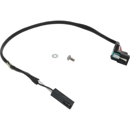 Kabel mikrospínače v černé izolaci, k němu konektor, podložka a šroubek