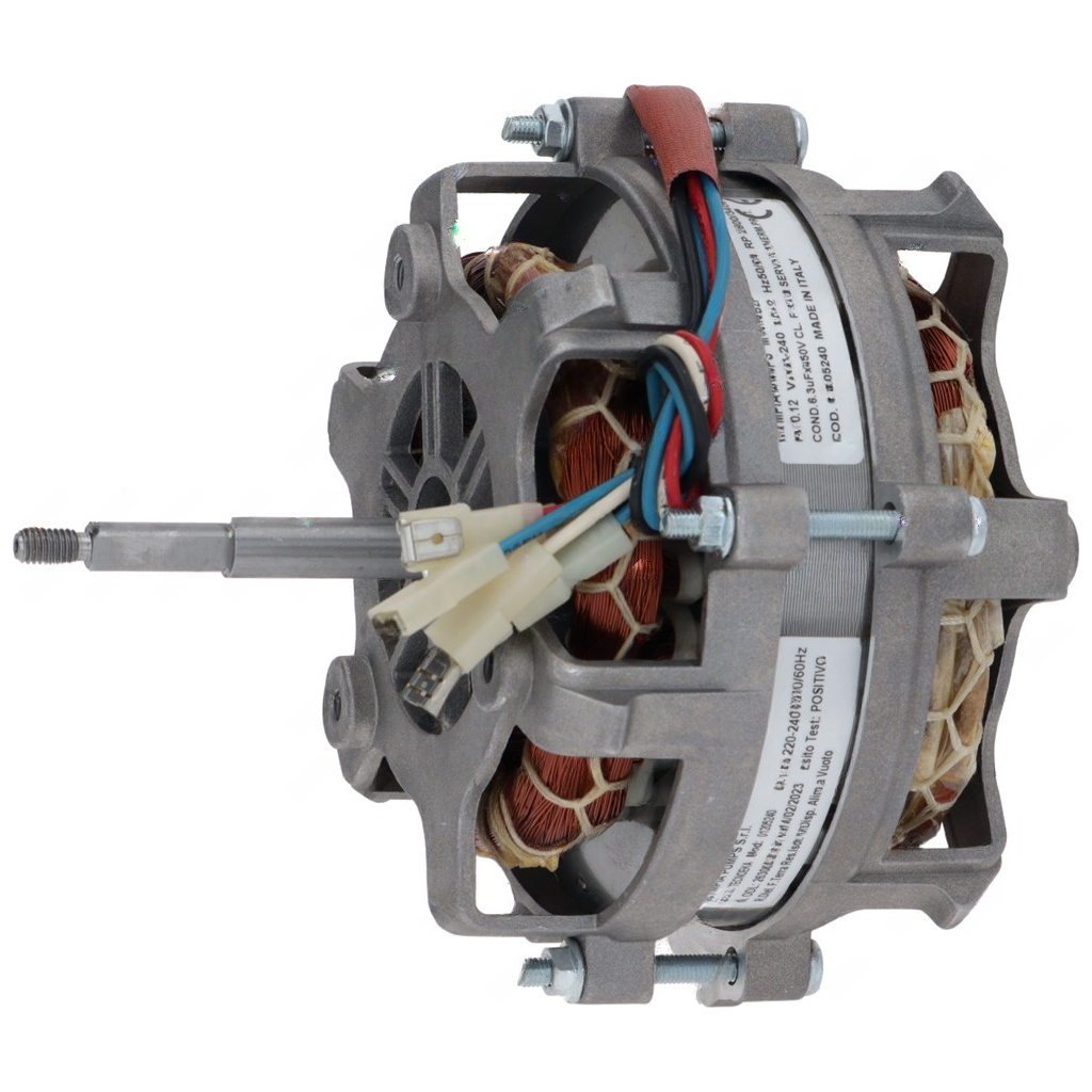 Reverzní elektromotor s hliníkovým tělem, chladicími žebry, hřídelí a vodiči zakončenými konektory Reverzní elektromotor s hliníkovým tělem, chladicími žebry, hřídelí a vodiči zakončenými konektory