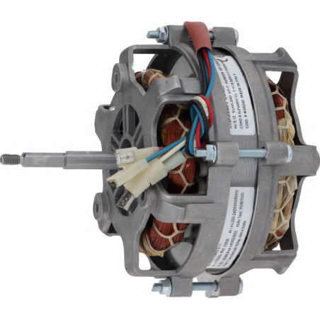 Reverzní elektromotor s hliníkovým tělem, chladicími žebry, hřídelí a vodiči zakončenými konektory