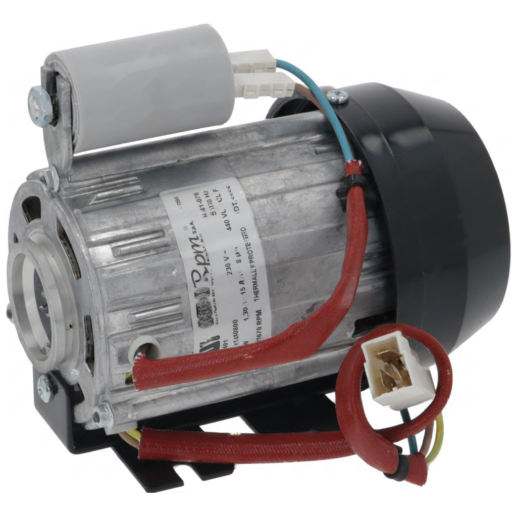 Elektromotor, jehož tělo je z hliníku, doplněný válcovým kondenzátorem, černým krytem ventilátoru a červenými vodiči