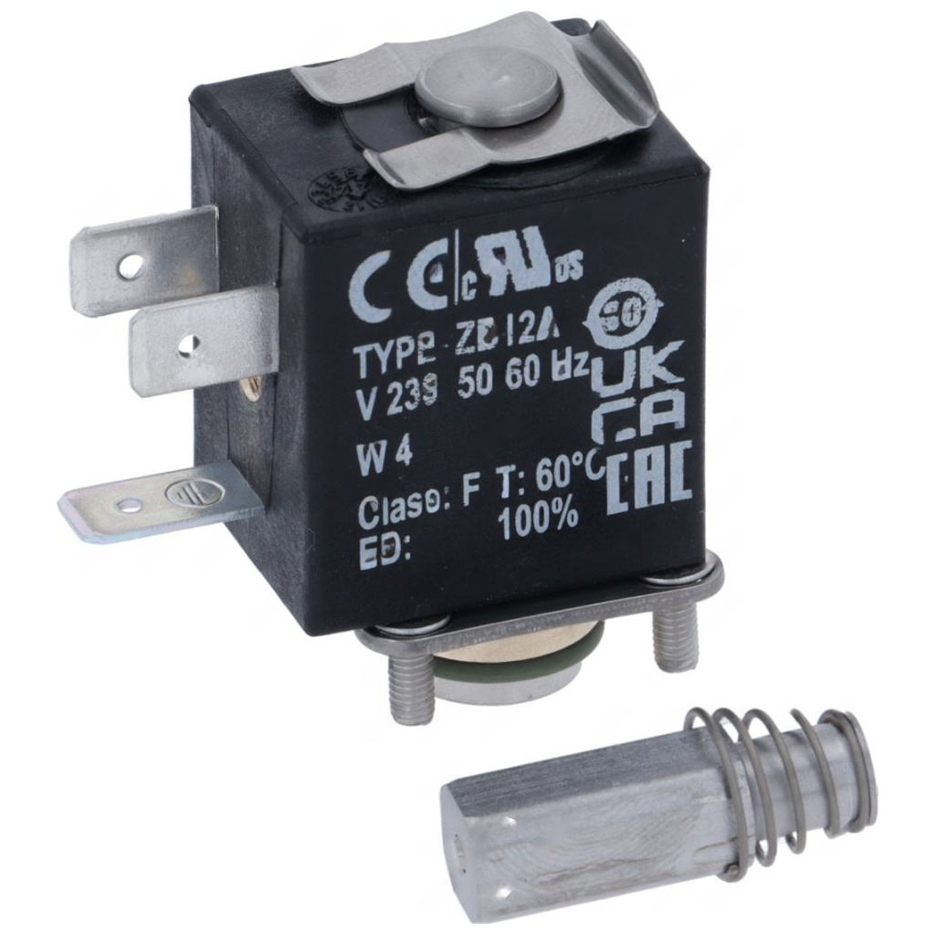 Elektromagnetická cívka s kovovými kontaktními jazýčky a vedle ní pístové jádro s pružinkou