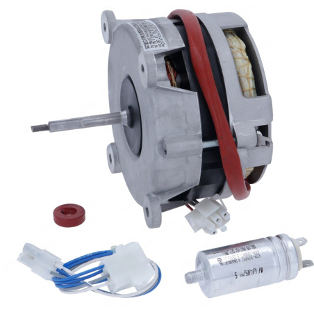 Elektromotor s řemenicí a červeným řemenem, k němu konektor a válcový kondenzátor