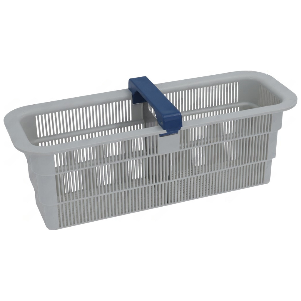 Šedý perforovaný plastový koš filtru s modrou rukojetí k přenášení